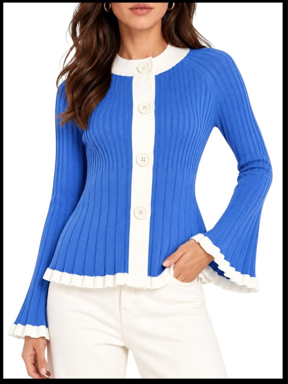Covington Cardigan Blue Ivory Contrast Trim Ribbed M
